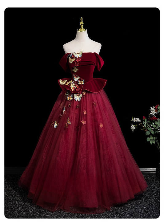 Vintage Burgundy 3D Butterflies Sweet 16 Quinceanera Off-the-shoulder Evening Dress Floor Length Ball Gown DP6909