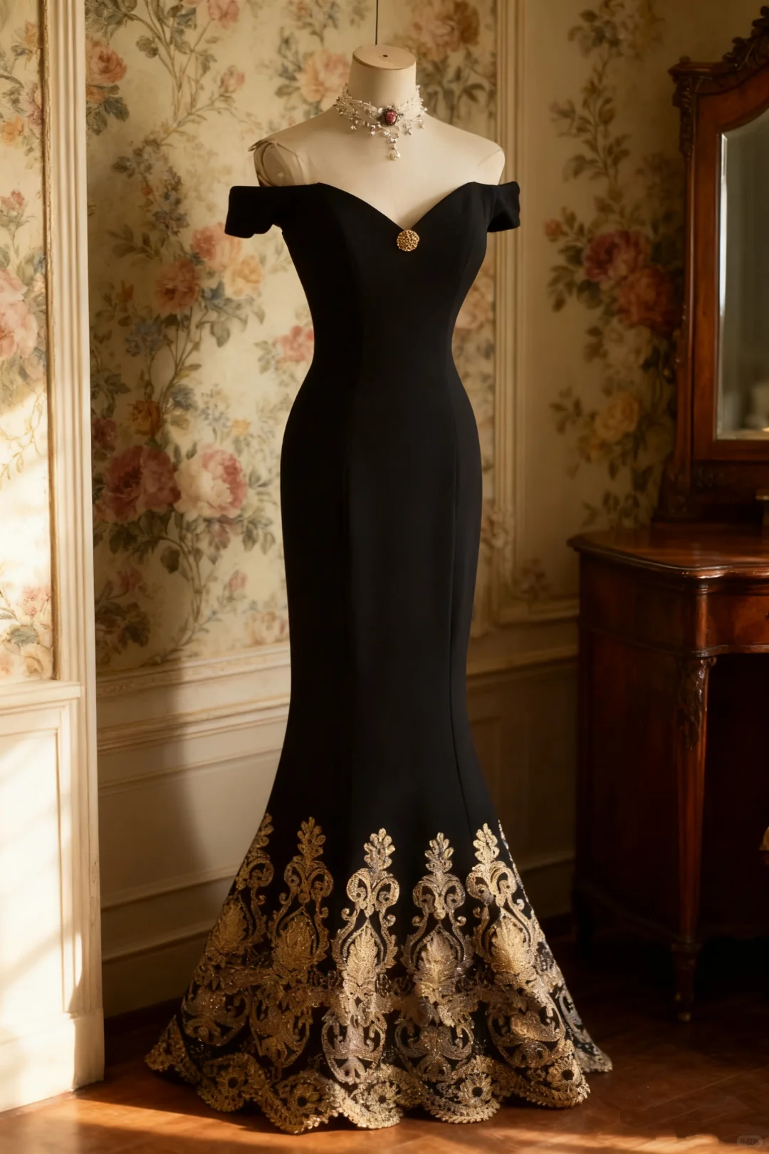 Glamorous Black & Gold Off-the-Shoulder Mermaid Ornate Lace Hem Prom Dress DP7648