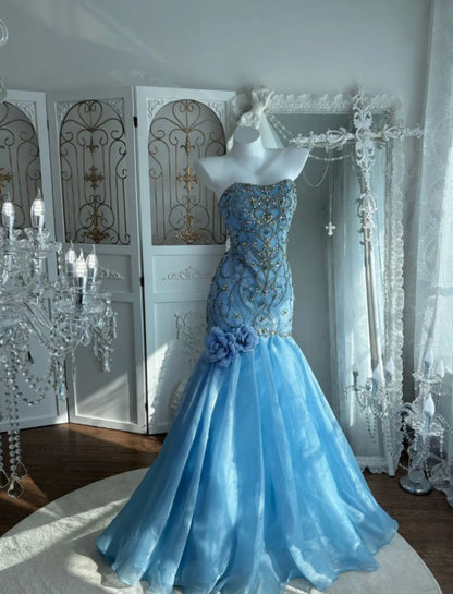 Stunning Light Blue Beaded Mermaid Evening Dress 3D Floral Prom Gown DP7864