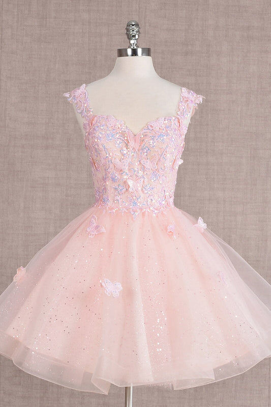 Süßes rosa rückenfreies A-Linien-Tüll-Kurz-Homecoming-Kleid mit 3D-Schmetterlingsdesign, DP5826