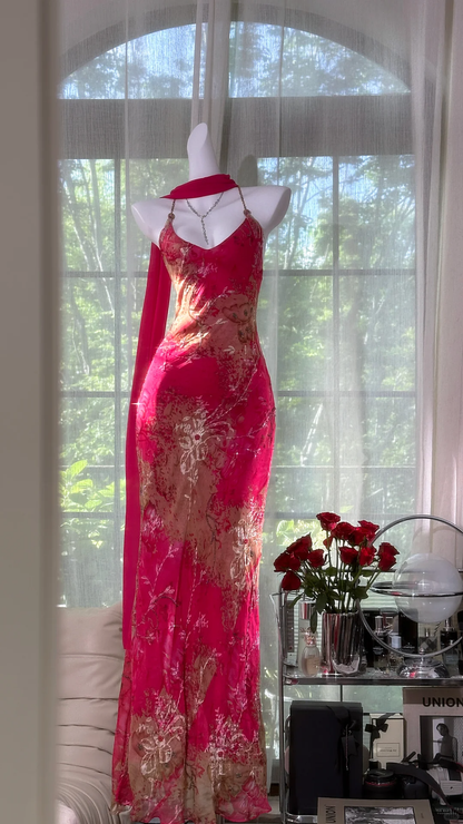 Vintage Red Floral Long Prom Dress Sheath Chiffon Spaghetti Strap Backless Formal Dress, DP6544