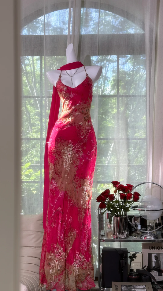 Vintage Rotes Blumen Langes Ballkleid Etui Chiffon Spaghettiträger Rückenfreies Abendkleid, DP6544
