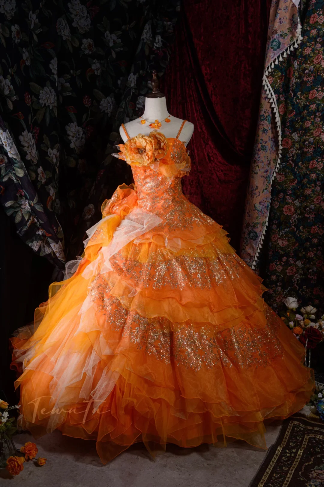 Elegant Orange Detachable Ruffled Tiered Beaded Sweet 16 Quinceanera Ball Gown DP7412
