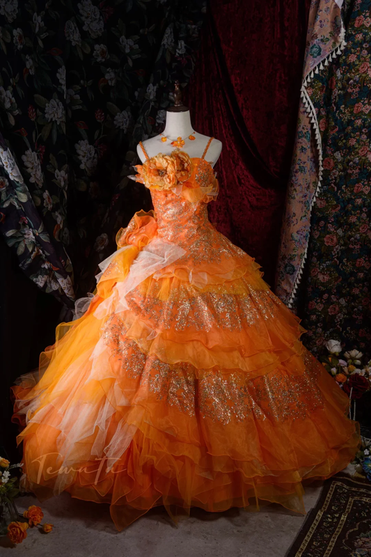 Elegant Orange Detachable Ruffled Tiered Beaded Sweet 16 Quinceanera Ball Gown DP7412