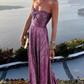 Glamorous Strapless Purple Metallic Pleated Sweetheart Maxi Evening Dress DP8101