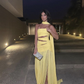 Yellow Strapless Sheath Long Evening Party Dress with Slit, DP3156