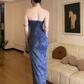 Vintage Marineblau Glänzende Pailletten Liebsten Spaghetti Strap Etuikleid Hoher Schlitz Lange Sommerkleider Ballkleid Abendkleid DP6389