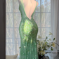 Glamorous Mint Green Sequin Mermaid Prom Gown V-Neck Beaded Evening Dress DP8127