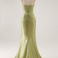 Elegant Olive Green Shiny Satin Spaghetti Strap Mermaid Beaded Sweetheart Evening Gown DP8557
