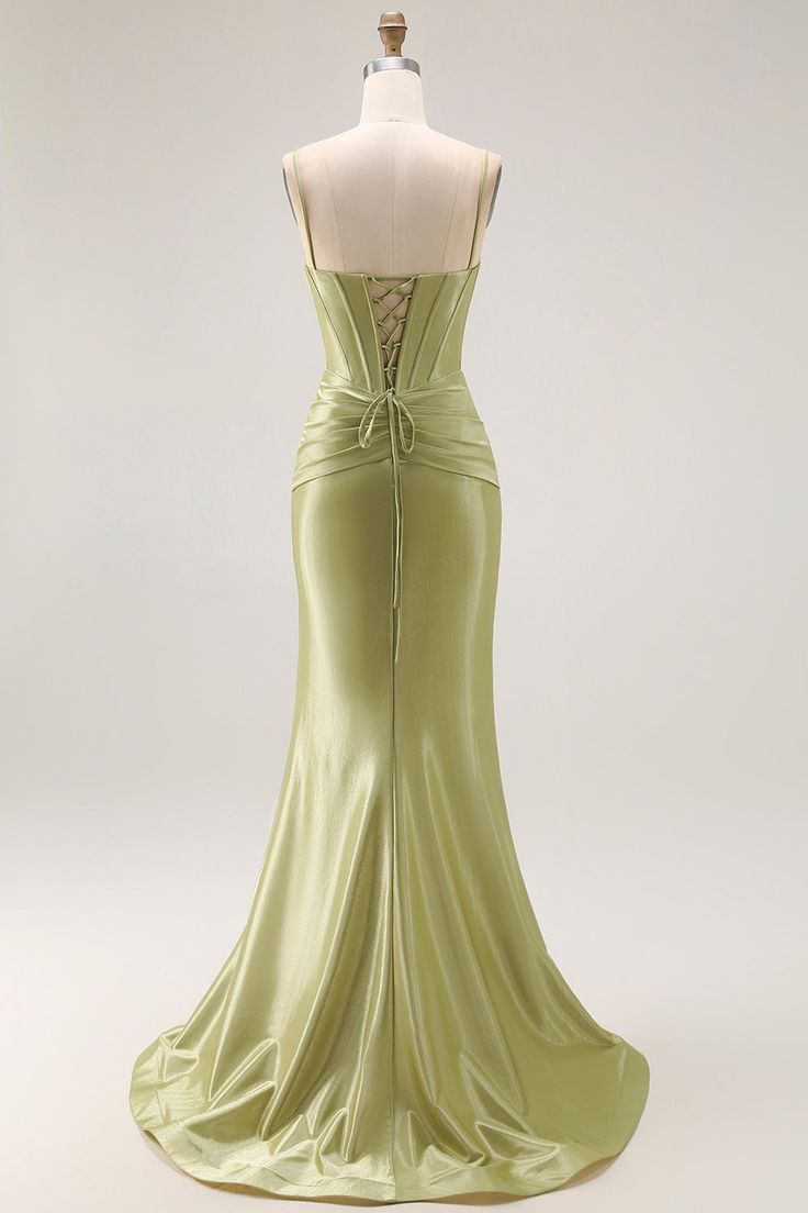 Elegant Olive Green Shiny Satin Spaghetti Strap Mermaid Beaded Sweetheart Evening Gown DP8557