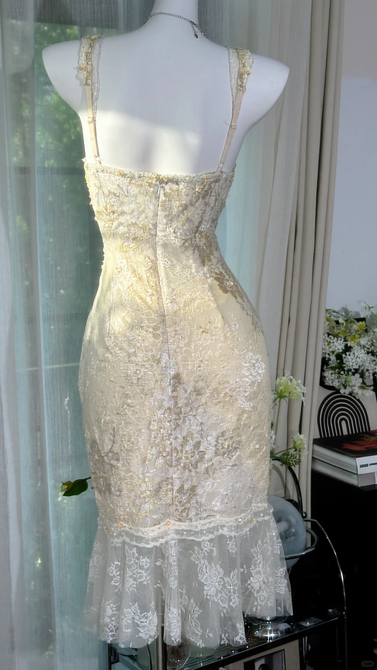 Vintage Elfenbein Spitze Homecoming Kleid Glänzende Pailletten V-Ausschnitt Etuikleid Partykleid Cocktailkleid, DP6545