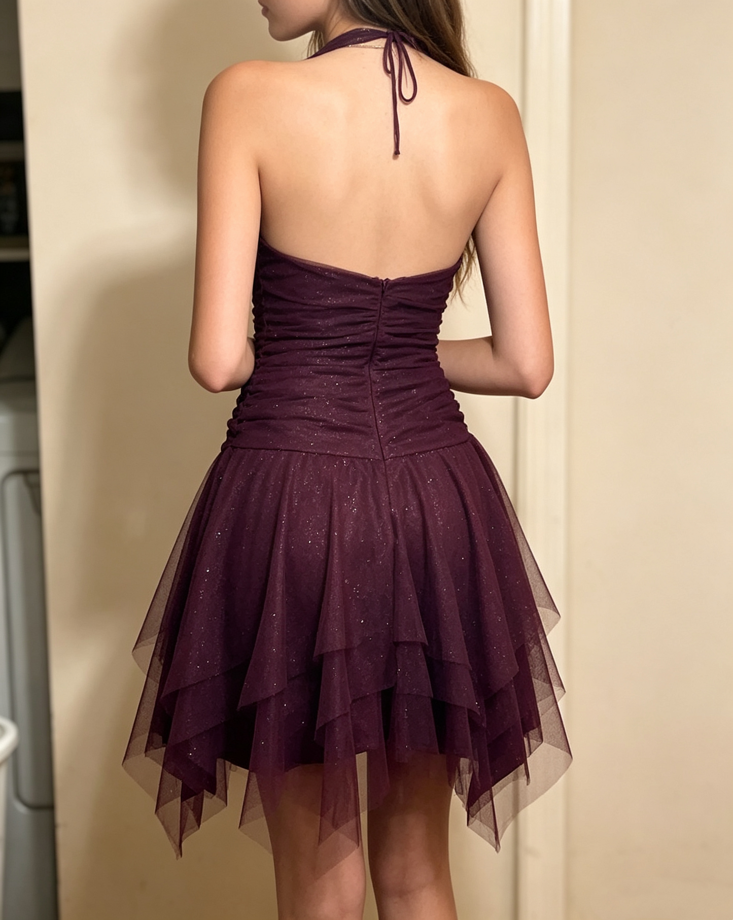 Vintage Sparkly Plum Halter V-Neck Sequined A-Line Homecoming Dress DP8680