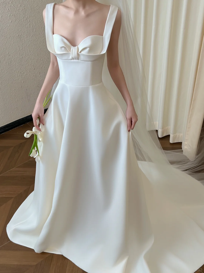 Glamorous Satin Wedding Dress A-Line Shoulder Straps Bridal Gown DP7126