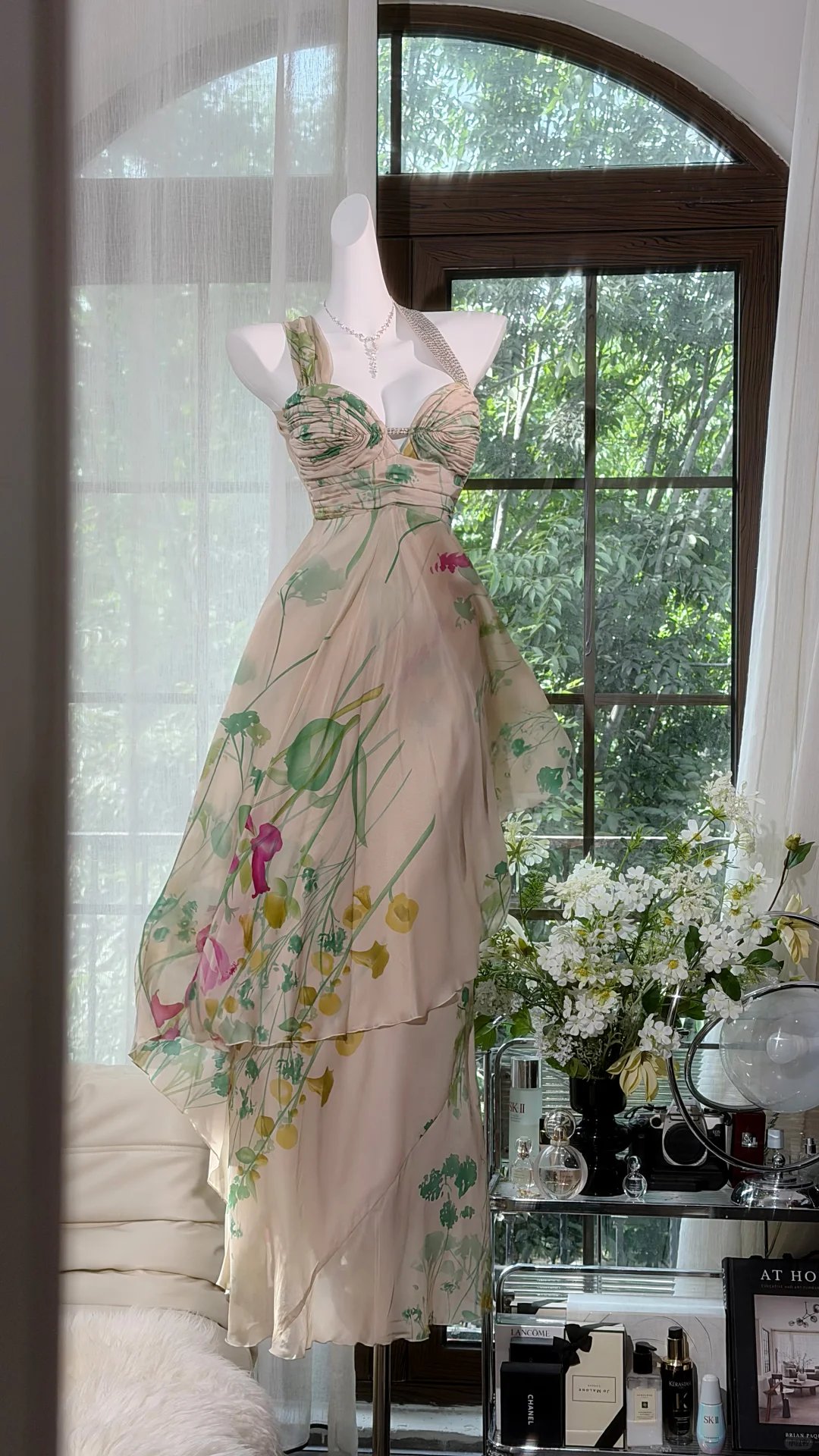 Elegant Floral Print Halter Chiffon Prom Dress DP8525