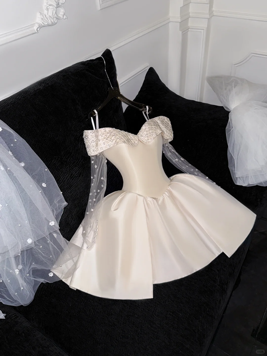 Elegant Ivory Off-the-shoulder Simple Design A-Line Satin Short Homecoming Dress Party Dress DP6195
