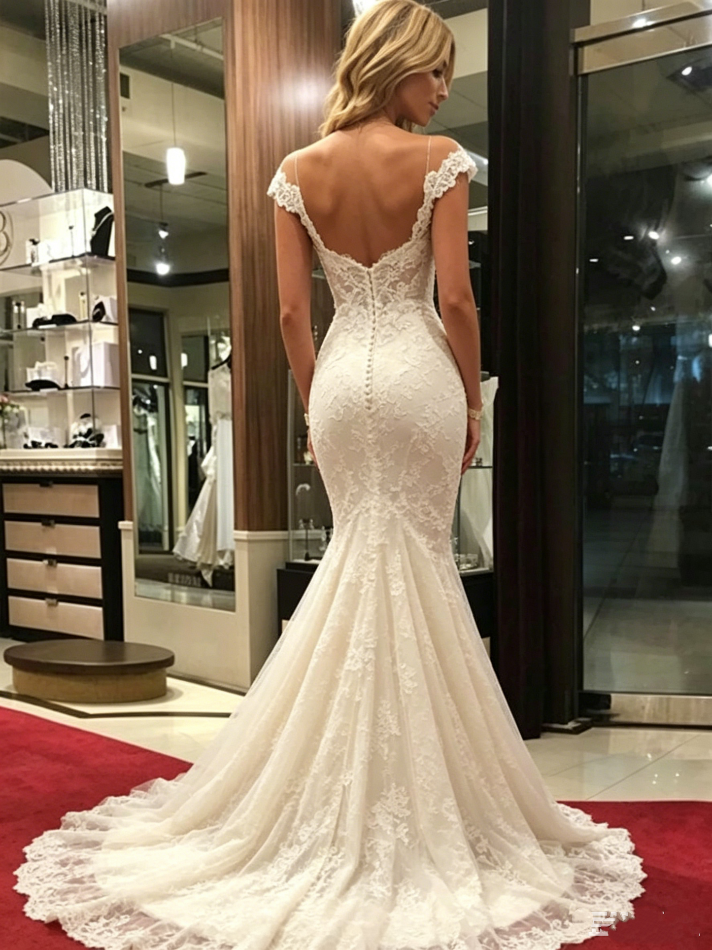 Romantic Ivory Cap Sleeve Sweetheart Mermaid Lace Appliques Long Train Wedding Dress DP8613
