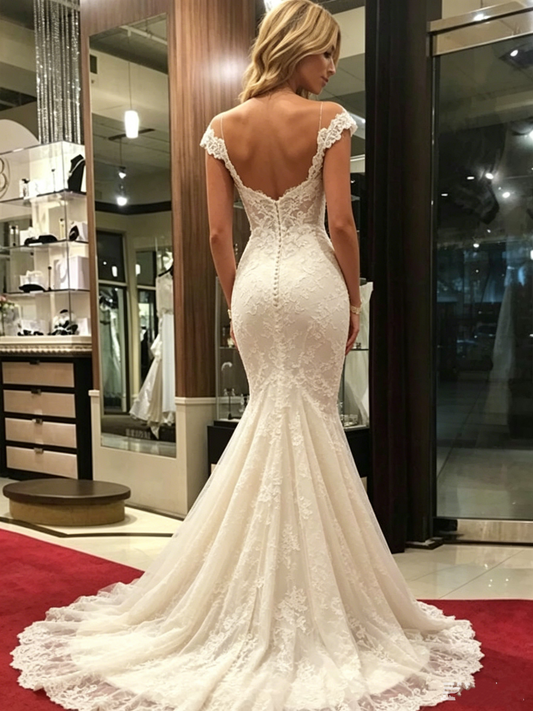 Romantic Ivory Cap Sleeve Sweetheart Mermaid Lace Appliques Long Train Wedding Dress DP8613