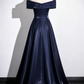 Elegant Navy Blue Off-the-Shoulder Satin A-Line Prom Dress DP8778