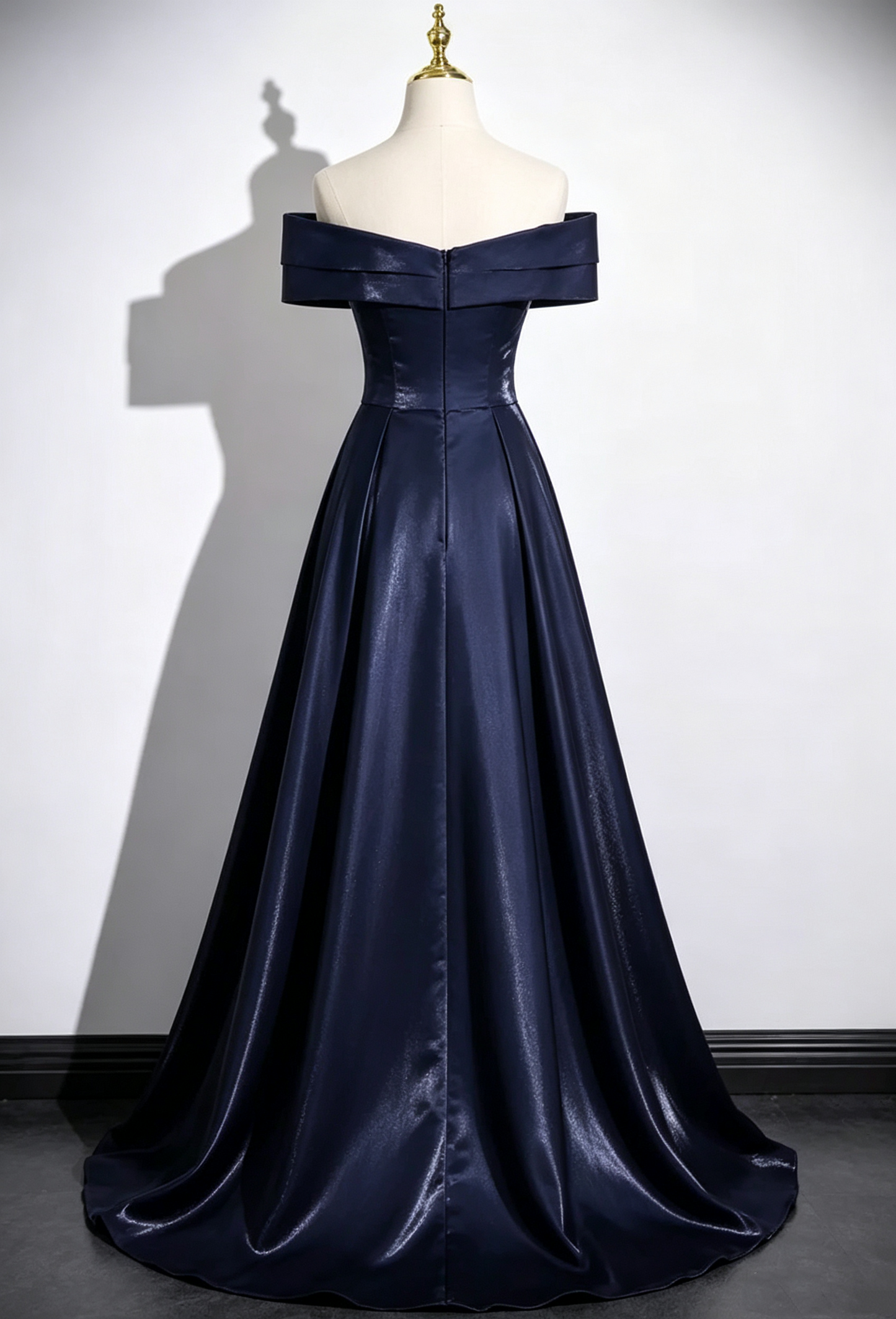 Elegant Navy Blue Off-the-Shoulder Satin A-Line Prom Dress DP8778