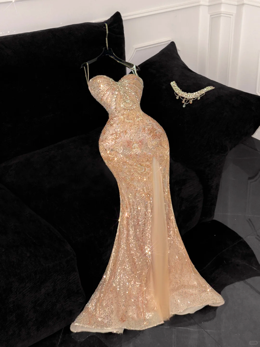 Retro Shiny Sweetheart Champagne Beaded Mermaid Elegant Chiffon Evening Dress Prom Dresses DP6193