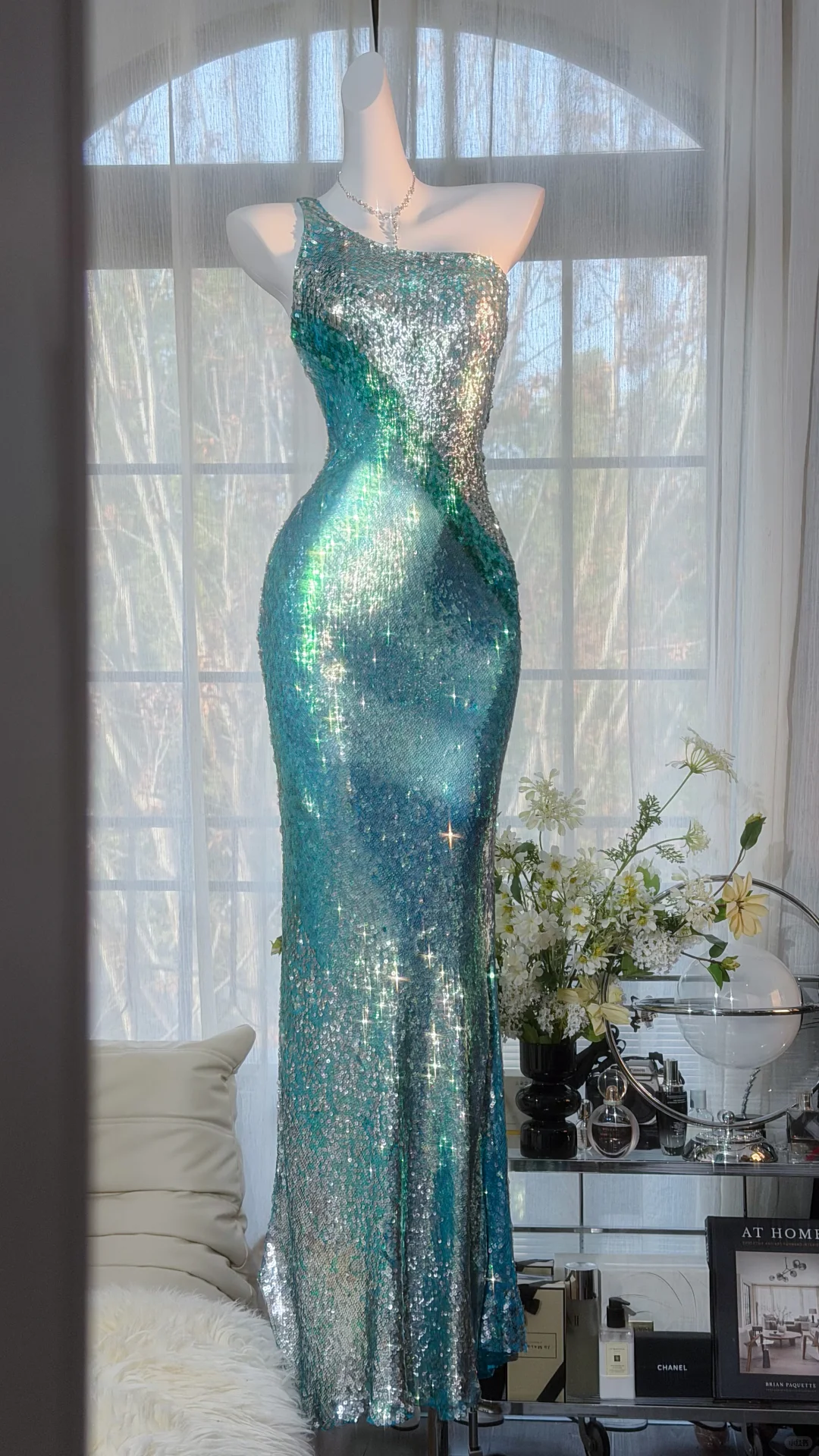 Glamorous Iridescent Green Sequin One Shoulder Mermaid Evening Dress DP8129