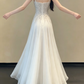 Elegant Ivory Square Neck Beaded Spaghetti Strap A-Line Chiffon Layered Prom Dress DP8570