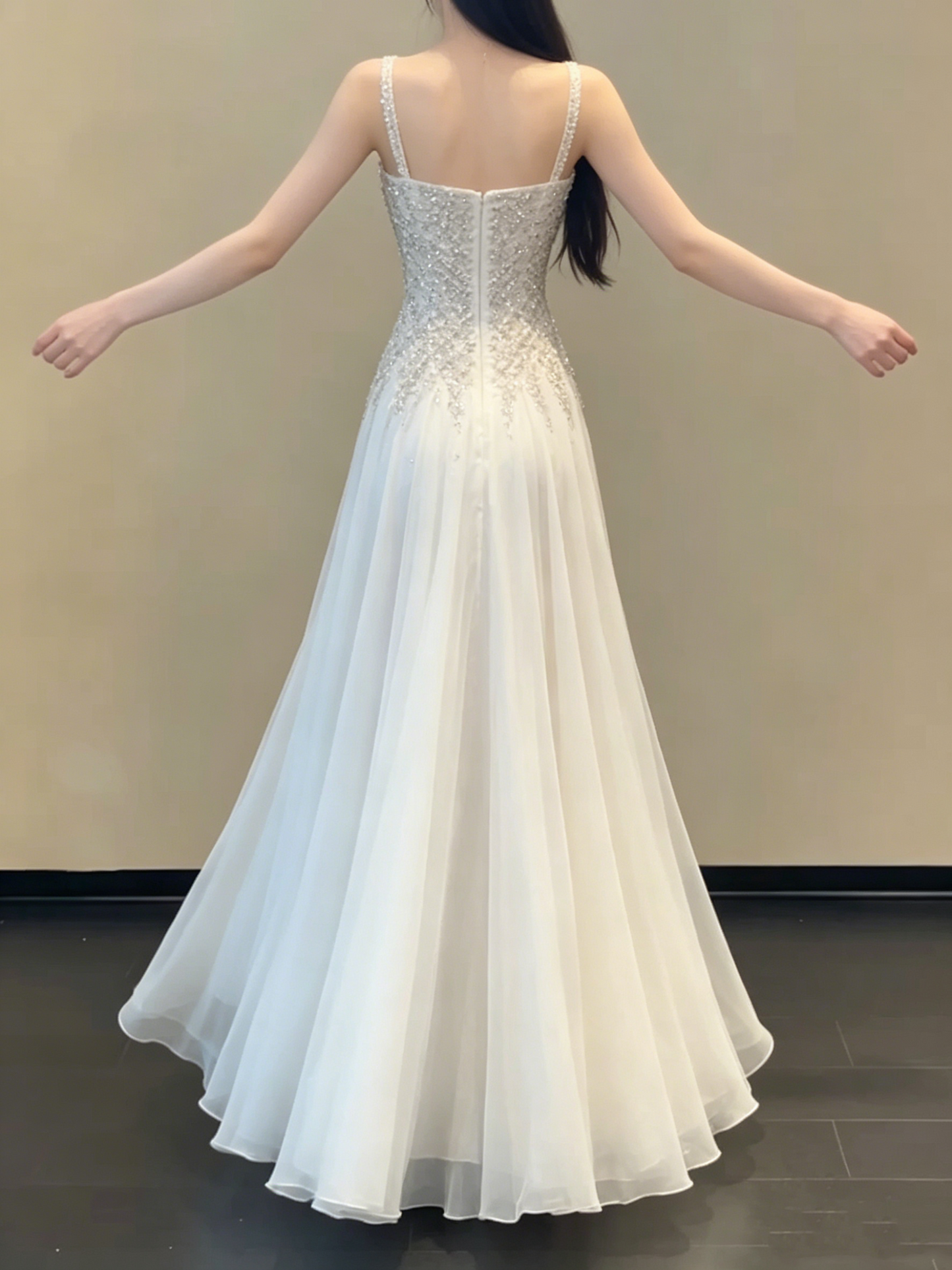 Elegant Ivory Square Neck Beaded Spaghetti Strap A-Line Chiffon Layered Prom Dress DP8570
