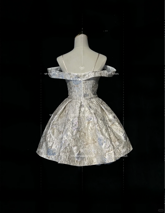 Chic Sliver Fit-and-Flare Off-Shoulder Brocade Homecoming Dress Party Dress Cocktail Dress DP7116