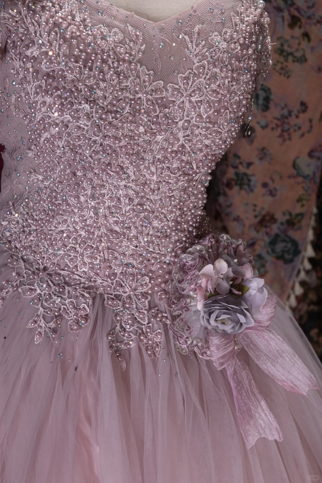 Pink Off-the-Shoulder Beaded Tulle Prom Dress Floral Quinceanera Ball Gown DP8349