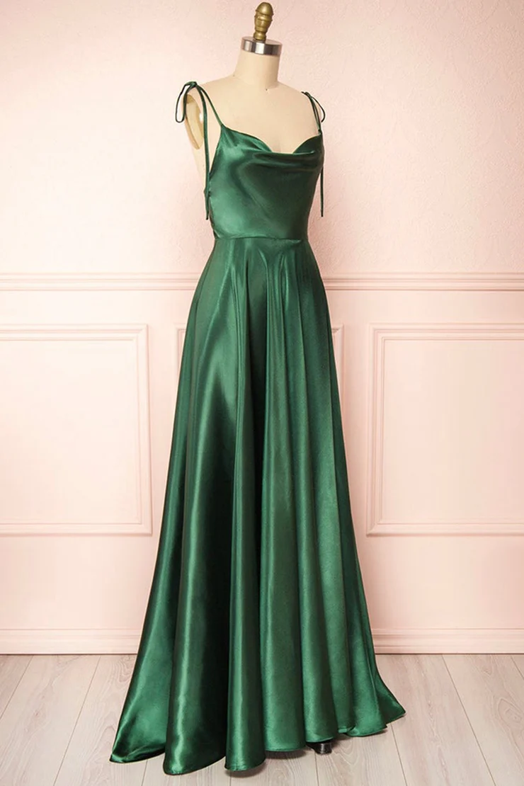 Green Straps A-Line Cowl Neck Satin Maxi Dress Bridesmaid Dress,DS4988