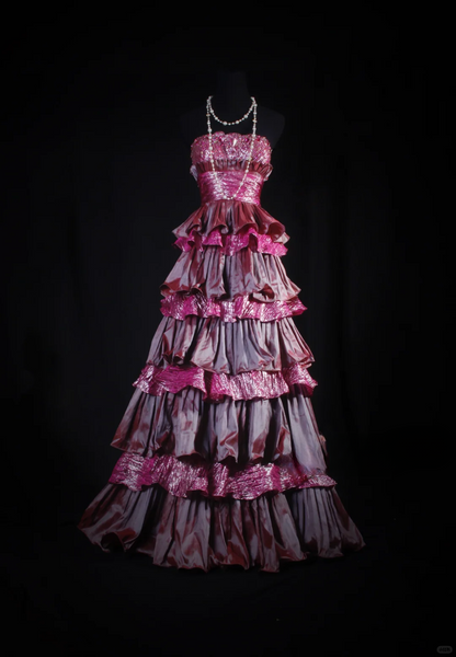 Vintage Fuchsia Strapless Satin Tiered Ruffles A-Line Evening Gown DP7382