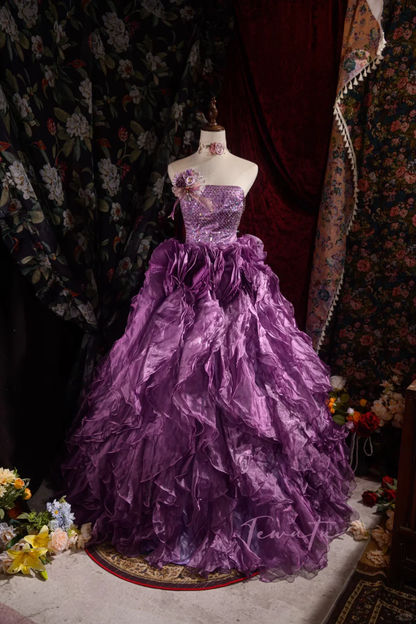 Elegant Purple 3D Floral Strapless Ruffled Sequined Bodice Sweet 16 Quinceanera Ball Gown  DP7413