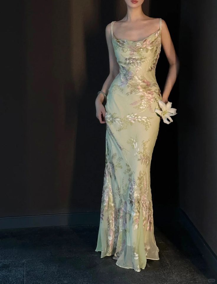 Glamorous Sage Green Floral Print Cowl Neck Satin Mermaid Prom Dress Spaghetti Strap Formal Evening Gown DP8203