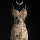 Glamorous Gold Mermaid Spaghetti Strap 3D Floral Sequin Beaded Evening Gown DP7378