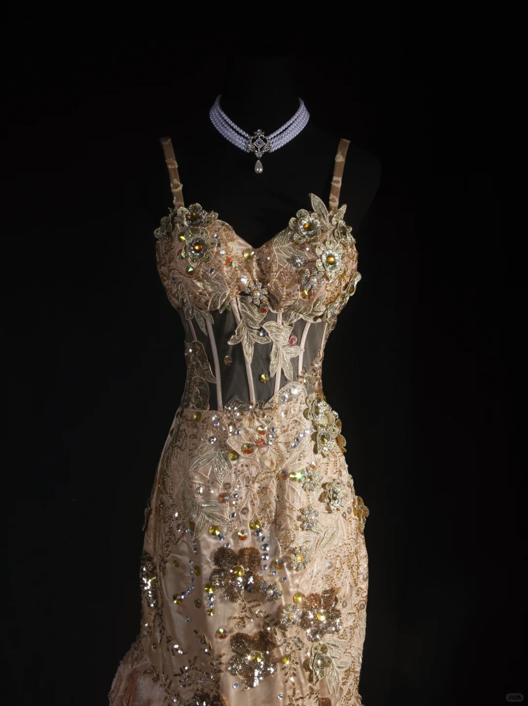 Glamorous Gold Mermaid Spaghetti Strap 3D Floral Sequin Beaded Evening Gown DP7378