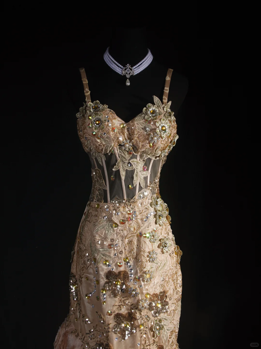 Glamorous Gold Mermaid Spaghetti Strap 3D Floral Sequin Beaded Evening Gown DP7378