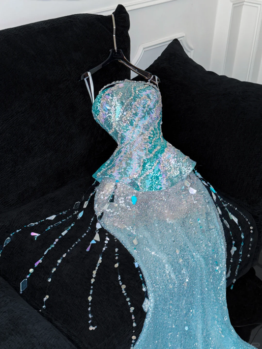 Gorgeous Sparkling Blue Sequin Beaded Mermaid Elegant Chiffon Evening Dress Prom Dresses DP6168