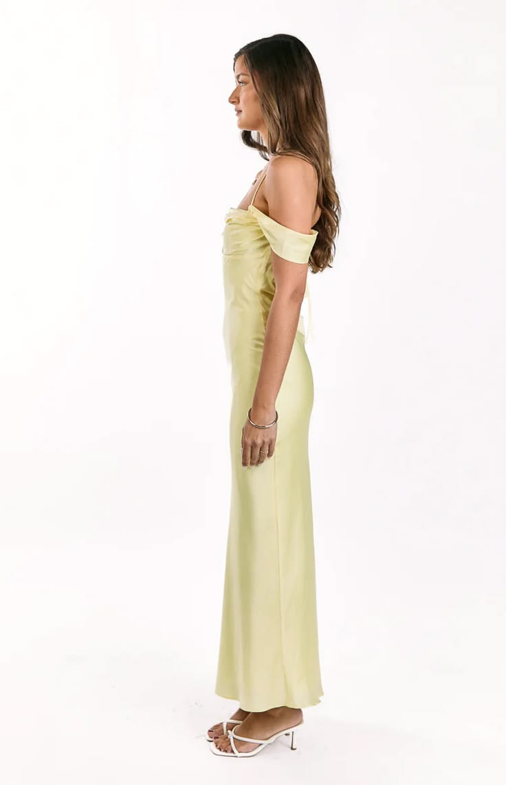 Elegant Pale Yellow Satin Off-the-Shoulder Spaghetti Strap Prom Dress DP8385