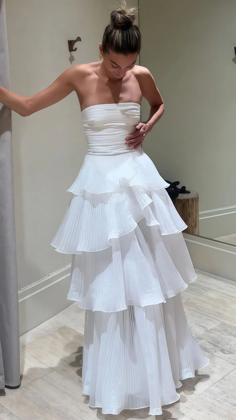 Elegant White Strapless Pleated A-Line Chiffon Long Party Dress, DP2257