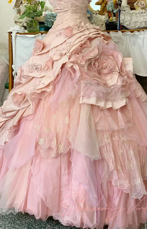 Elegant Pink 3D Flower Sweet 16 Quinceanera A-Line Floor-length Prom Dress Birthday Dress Evening Dress Ball Gown DP6442