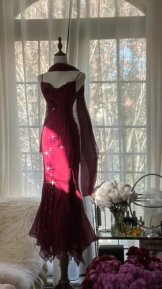 Elegant Burgundy Spaghetti Strap Gorgeous Beaded Sparkling Chiffon Evening Dress Prom Dress, DP5979