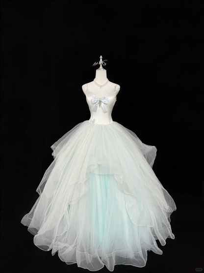Elegant Mint Green Tulle Ball Gown Prom Dress Spaghetti Strap Bow Ruffled Sweet 16 Sweet 15 Quinceanera Ball Gown DP8253