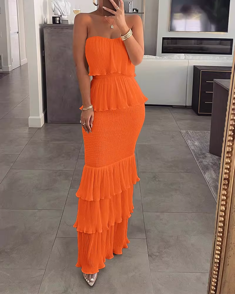 Elegant Strapless Sheath Tiered Ruffle Evening Dress DP8153