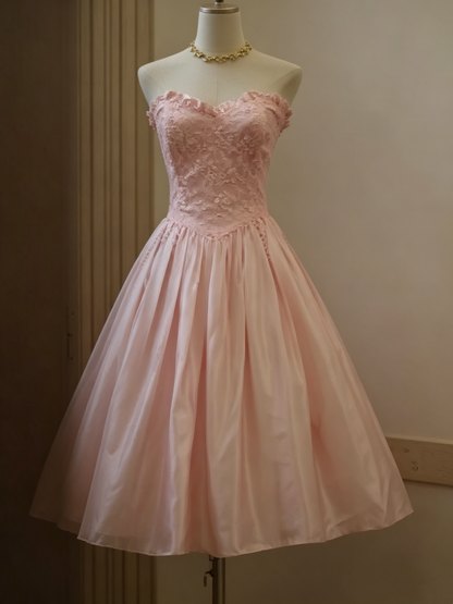 Vintage Pink Strapless Lace Bodice Sweetheart Tea-Length A-Line Homecoming Dress DP8377