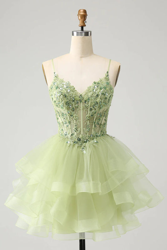 Vintage Light Green Appliques Design A-line Tulle Corset Tiered Spaghetti Strap Homecoming Dress, DP5825