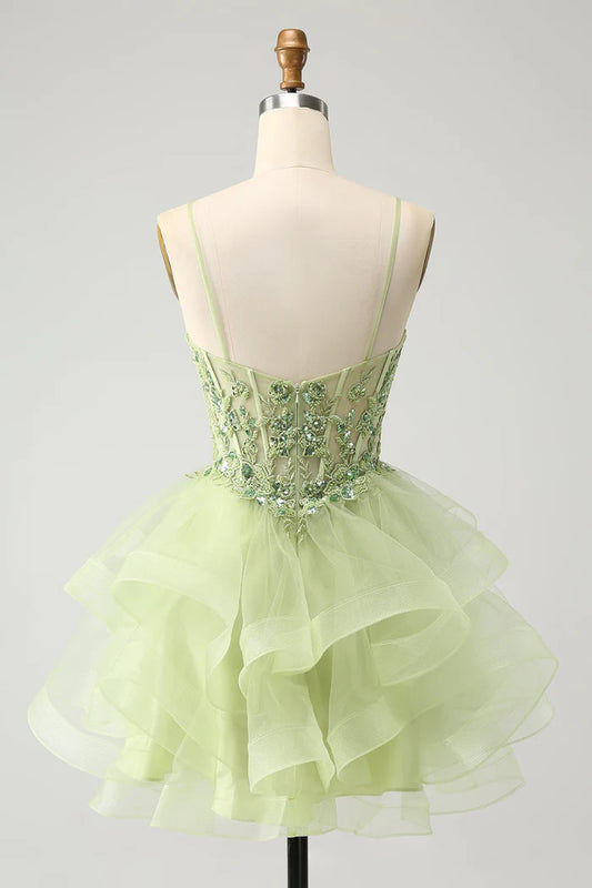 Vintage Light Green Appliques Design A-line Tulle Corset Tiered Spaghetti Strap Homecoming Dress, DP5825