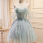 Vintage Light Blue Beaded Off-the-shoulder Design A-line Tulle Party Dress Homecoming Dress DP6072