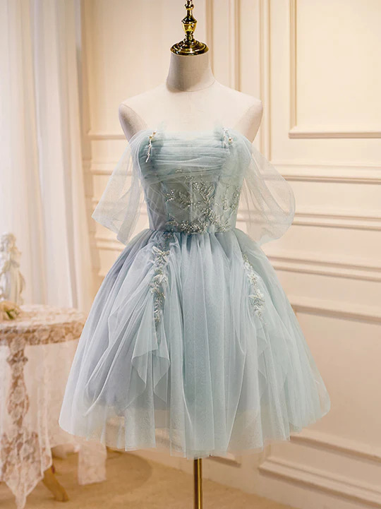 Vintage Light Blue Beaded Off-the-shoulder Design A-line Tulle Party Dress Homecoming Dress DP6072