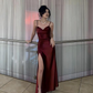 Wine Red Straps Long Party Dress Birthday Dress with Slit, DP3091