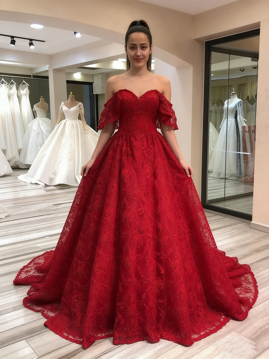 Elegant Lace Off-the-Shoulder Sweetheart Ball Gown Evening Gown DS3037